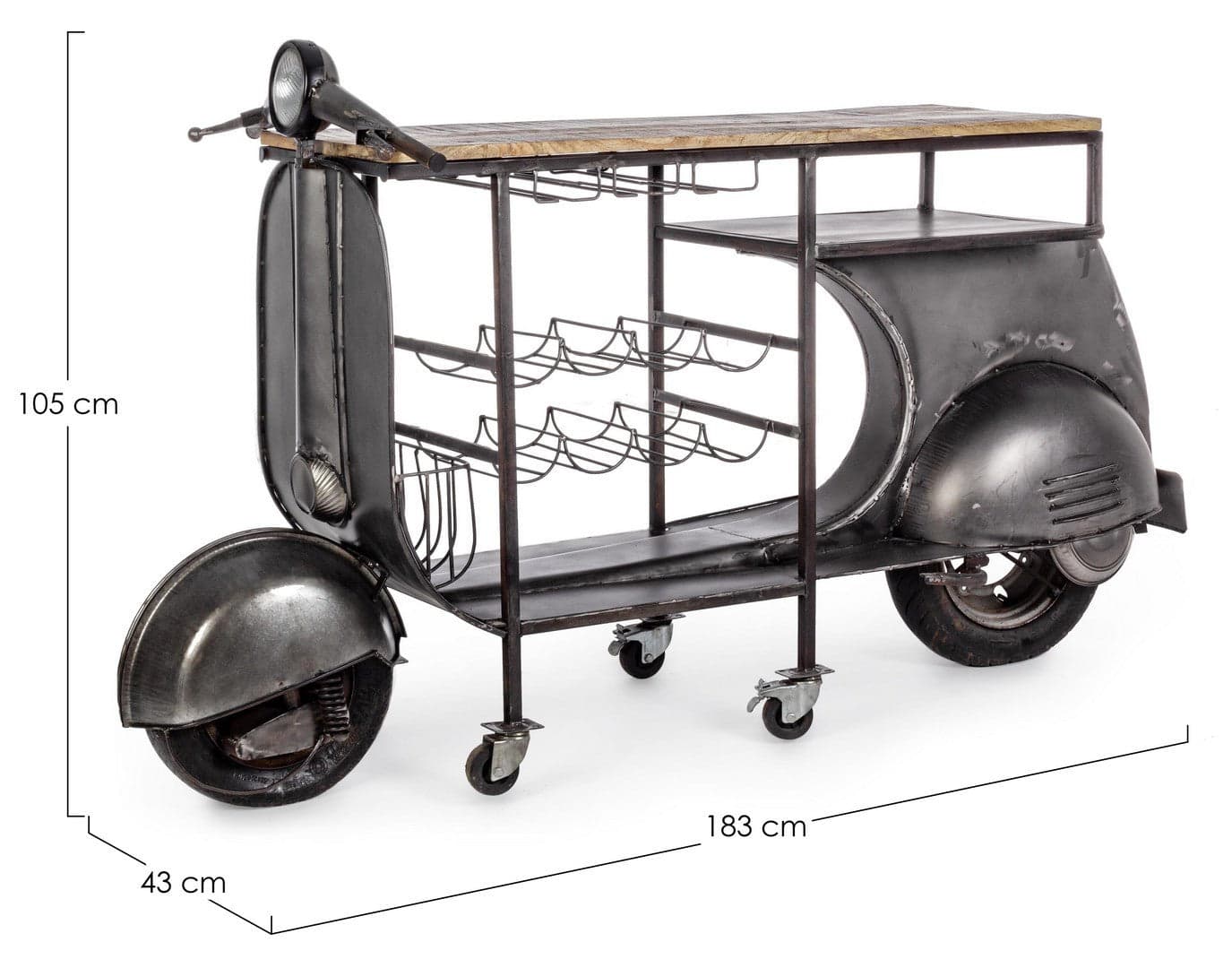 Consolle da bar "Vespa Replica" moderno con piano in legno, ruote, 183 x 43 x 105 cm in Console e tavoli da divano Decor Space - Altamura, commercioVirtuoso.it