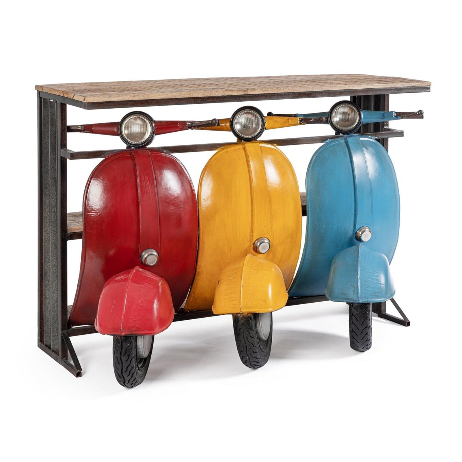 Consolle porta oggetti da bar "Tris Vespa" colorate, struttura in acciaio, da 143,5 x 75 x 100,3 cm