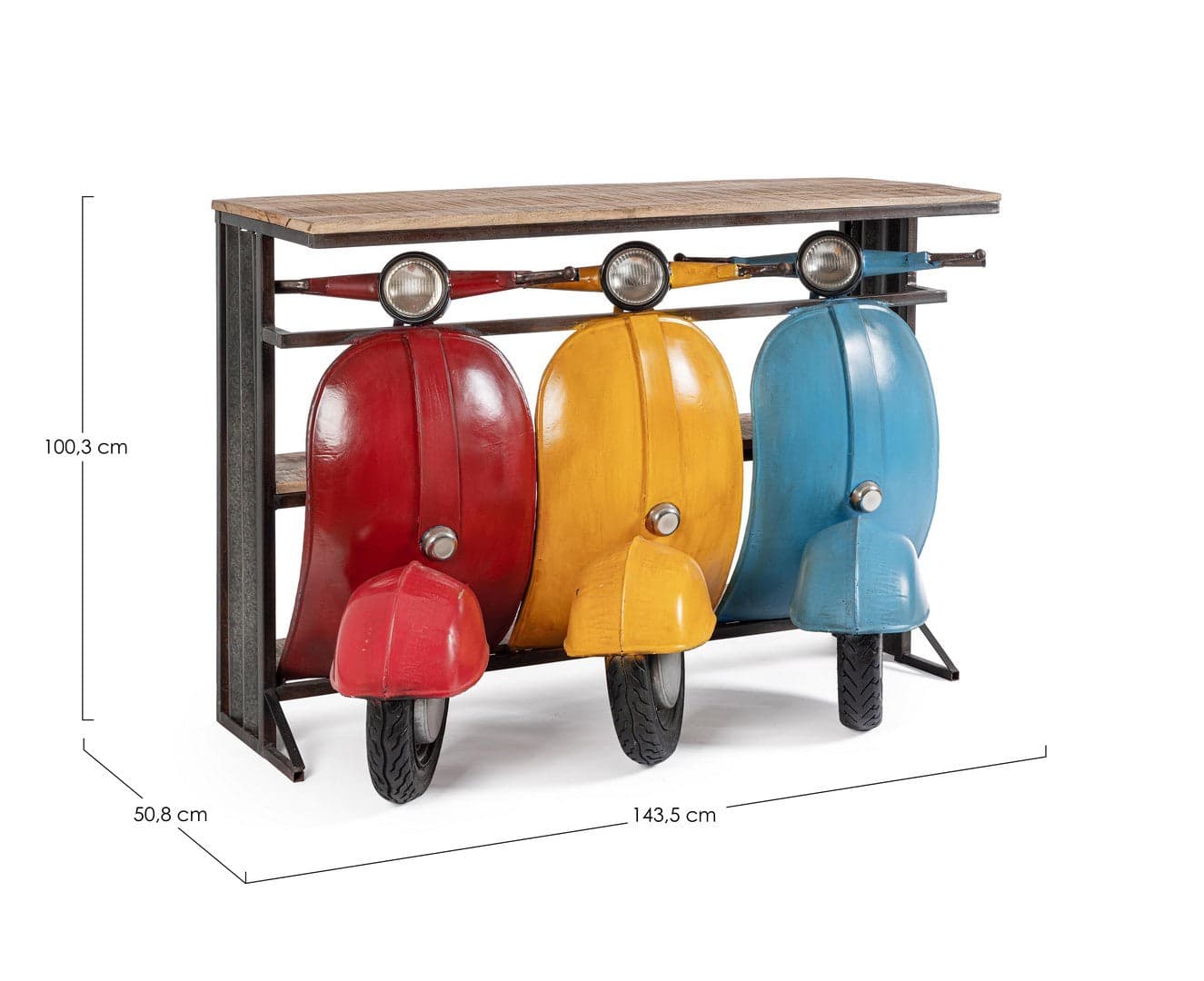 Consolle porta oggetti da bar "Tris Vespa" colorate, struttura in acciaio, da 143,5 x 75 x 100,3 cm in Console e tavoli da divano Decor Space - Altamura, commercioVirtuoso.it