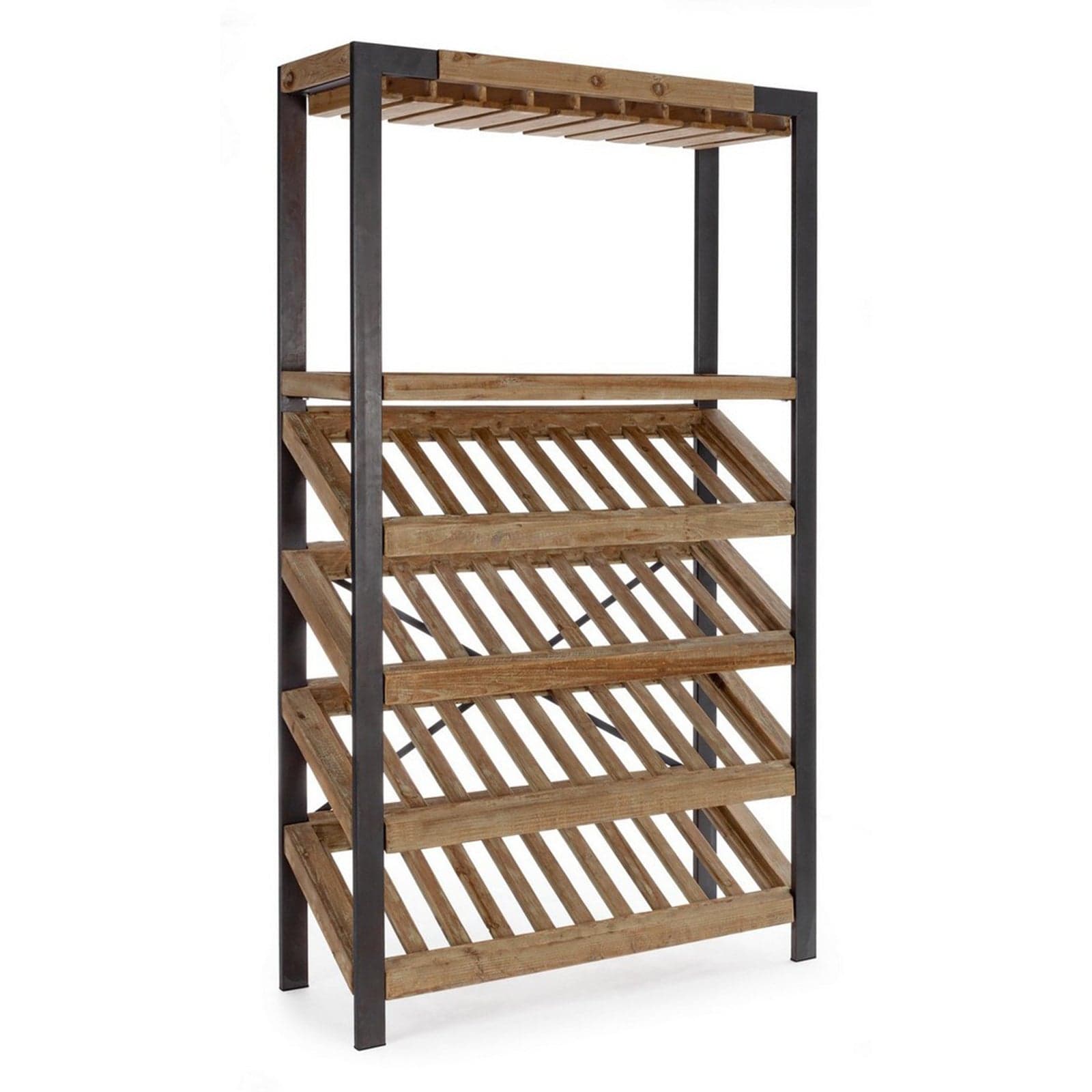 Mobile portabottiglie "Kantin" con struttura in acciaio, ripiano in legno di abete da 114 x 38 x 199 cm