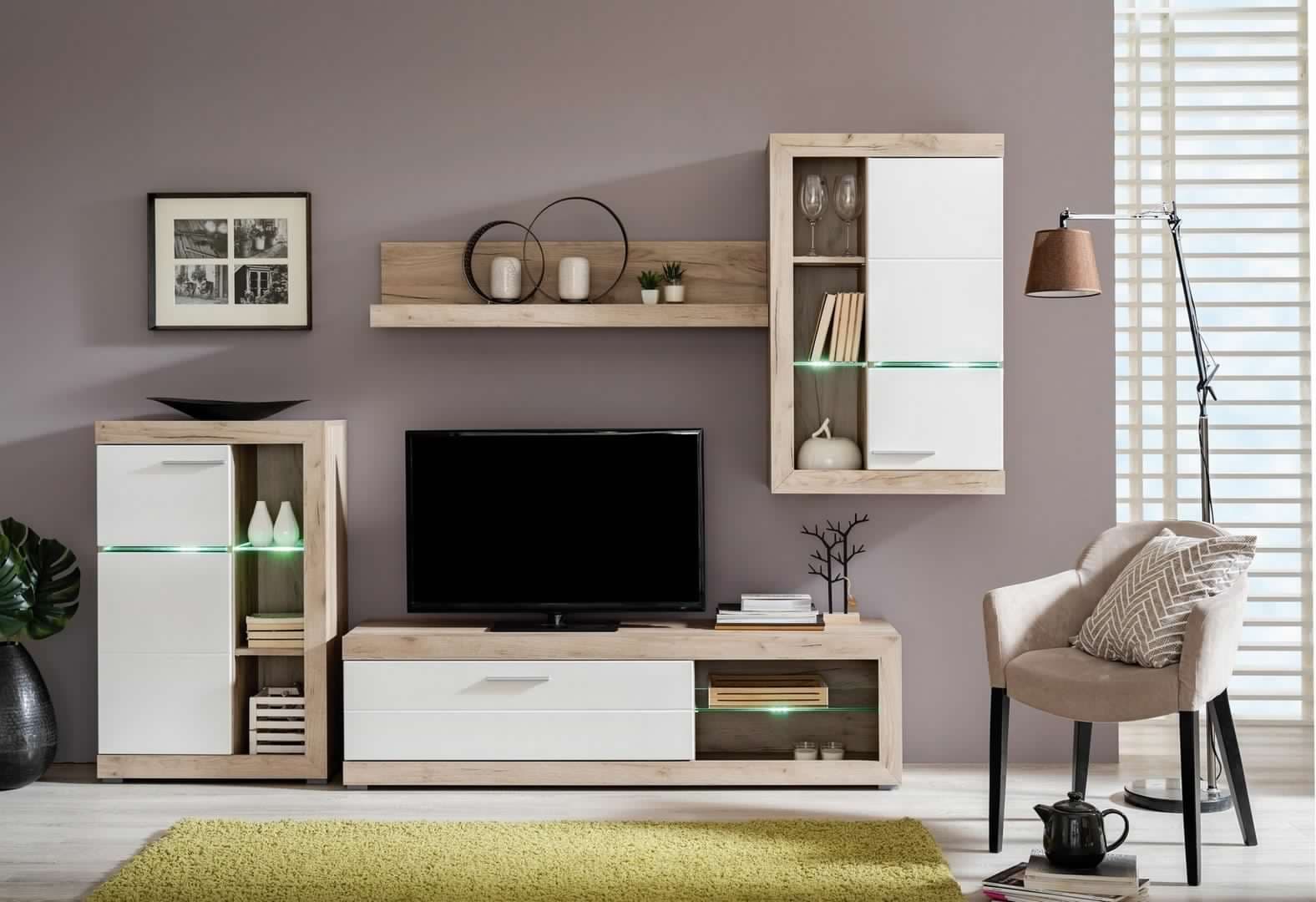 Parete da soggiorno "Camille", porta TV con mensole, color rovere bianco, 266,5 x 41,5 x 186 cm in Pareti attrezzate Decor Space - Altamura, commercioVirtuoso.it