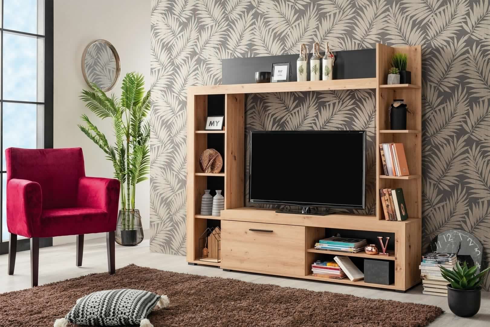 Parete da soggiorno "Sofia", porta TV con mensole, color rovere antracite-nero, 172,5 x 33 x 157,5 cm in Pareti attrezzate Decor Space - Altamura, commercioVirtuoso.it