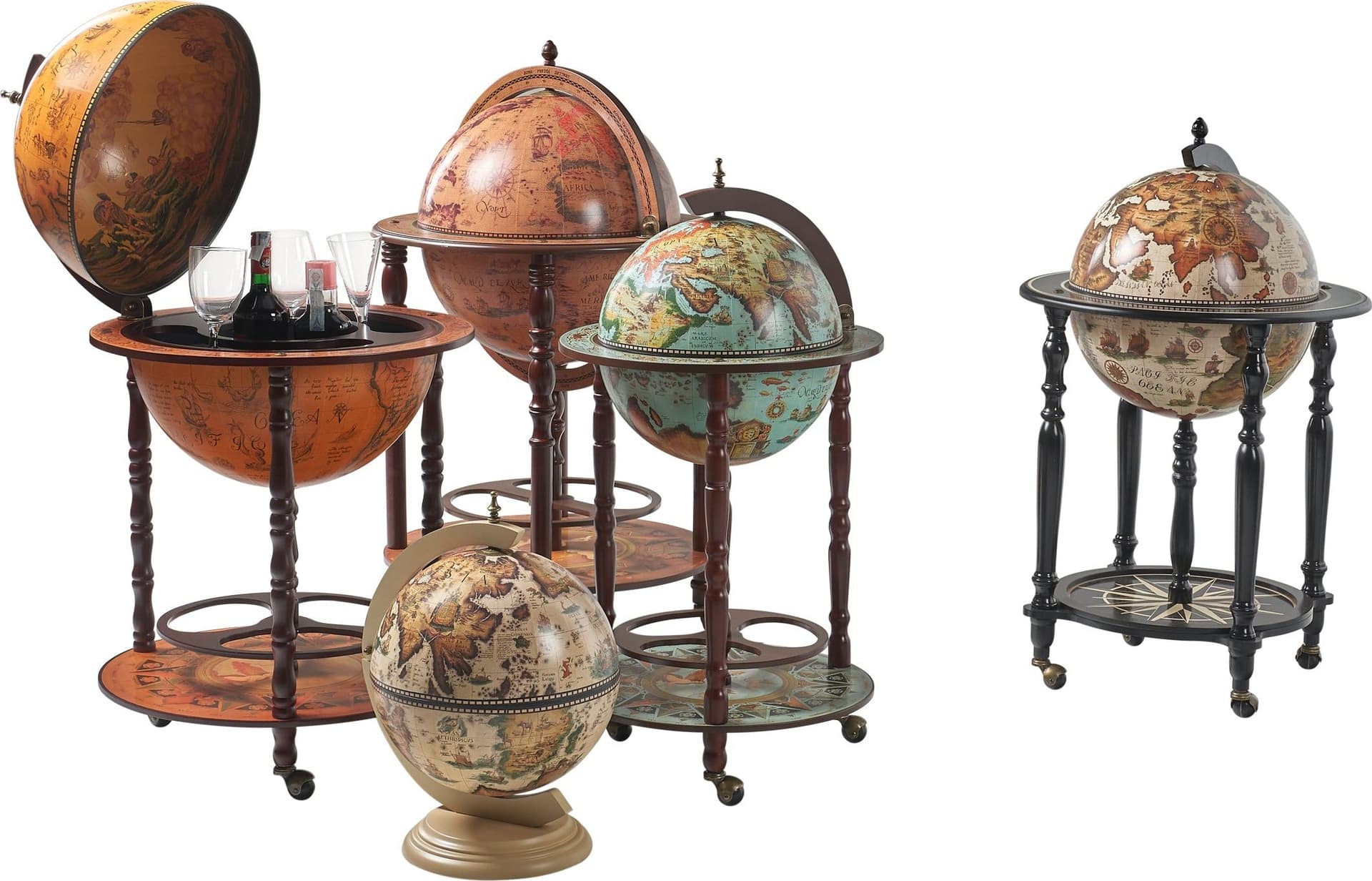 Mappamondo portabottiglie minibar con piedistallo in legno decorazione moderna h 48 cm in Porta bottiglie da vino Decor Space - Altamura, commercioVirtuoso.it