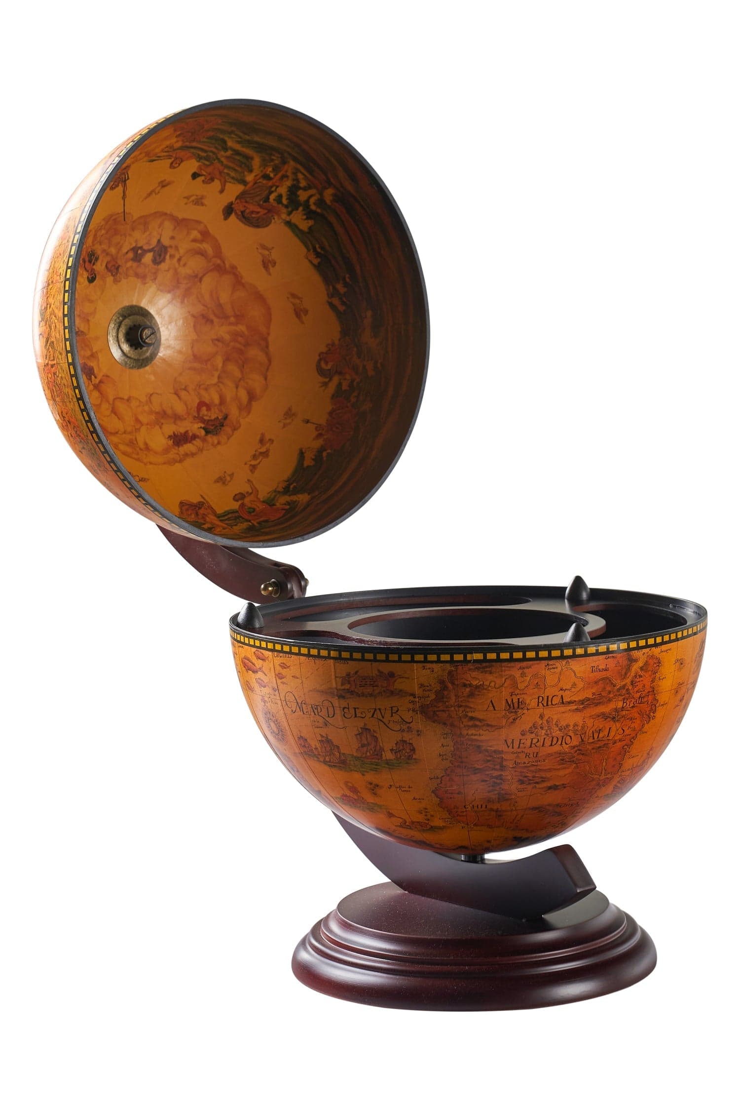 Mappamondo portabottiglie minibar con piedistallo in legno decorazione moderna h 48 cm in Porta bottiglie da vino Decor Space - Altamura, commercioVirtuoso.it