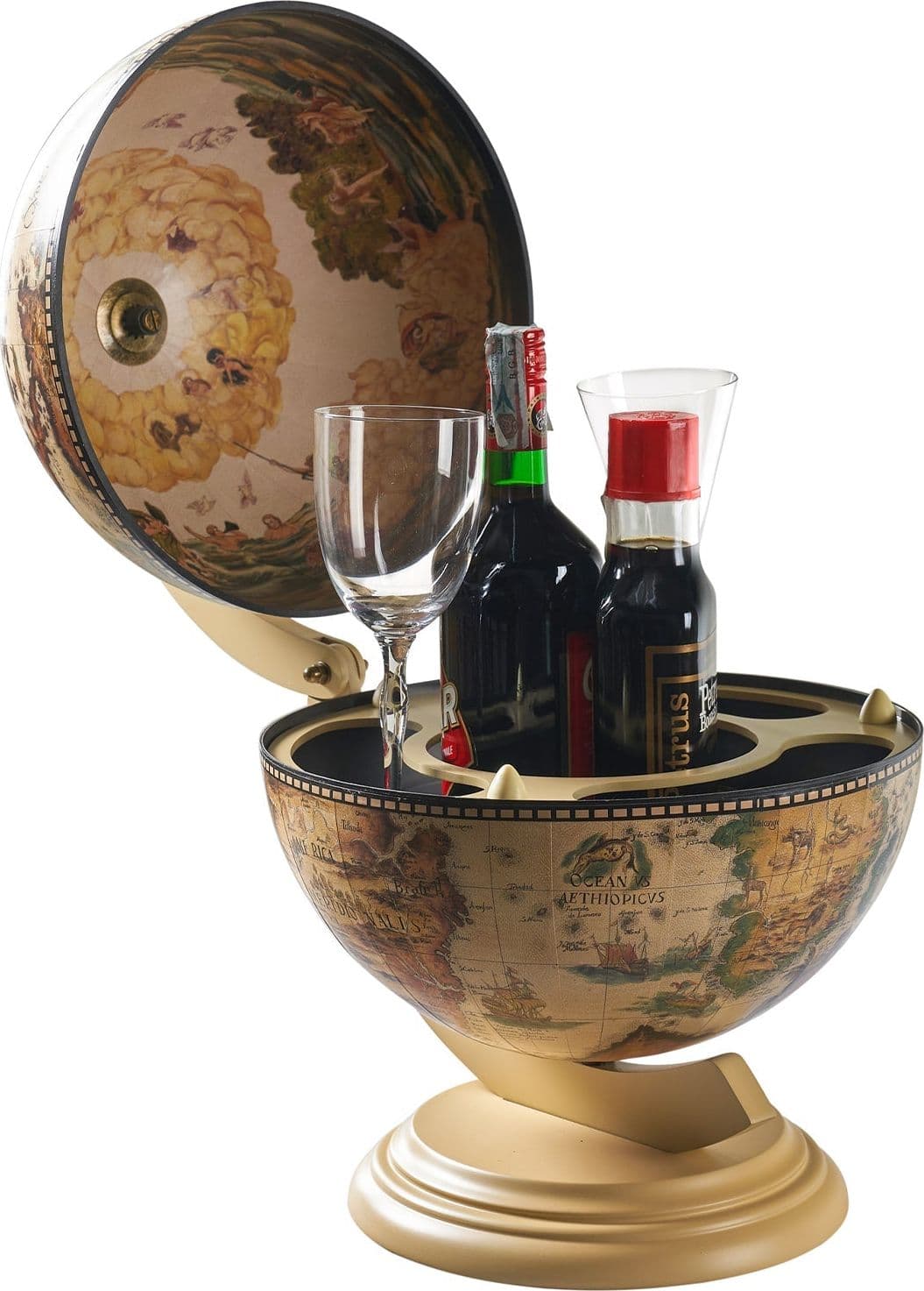 Mappamondo portabottiglie minibar con piedistallo in legno decorazione moderna h 48 cm in Porta bottiglie da vino Decor Space - Altamura, commercioVirtuoso.it