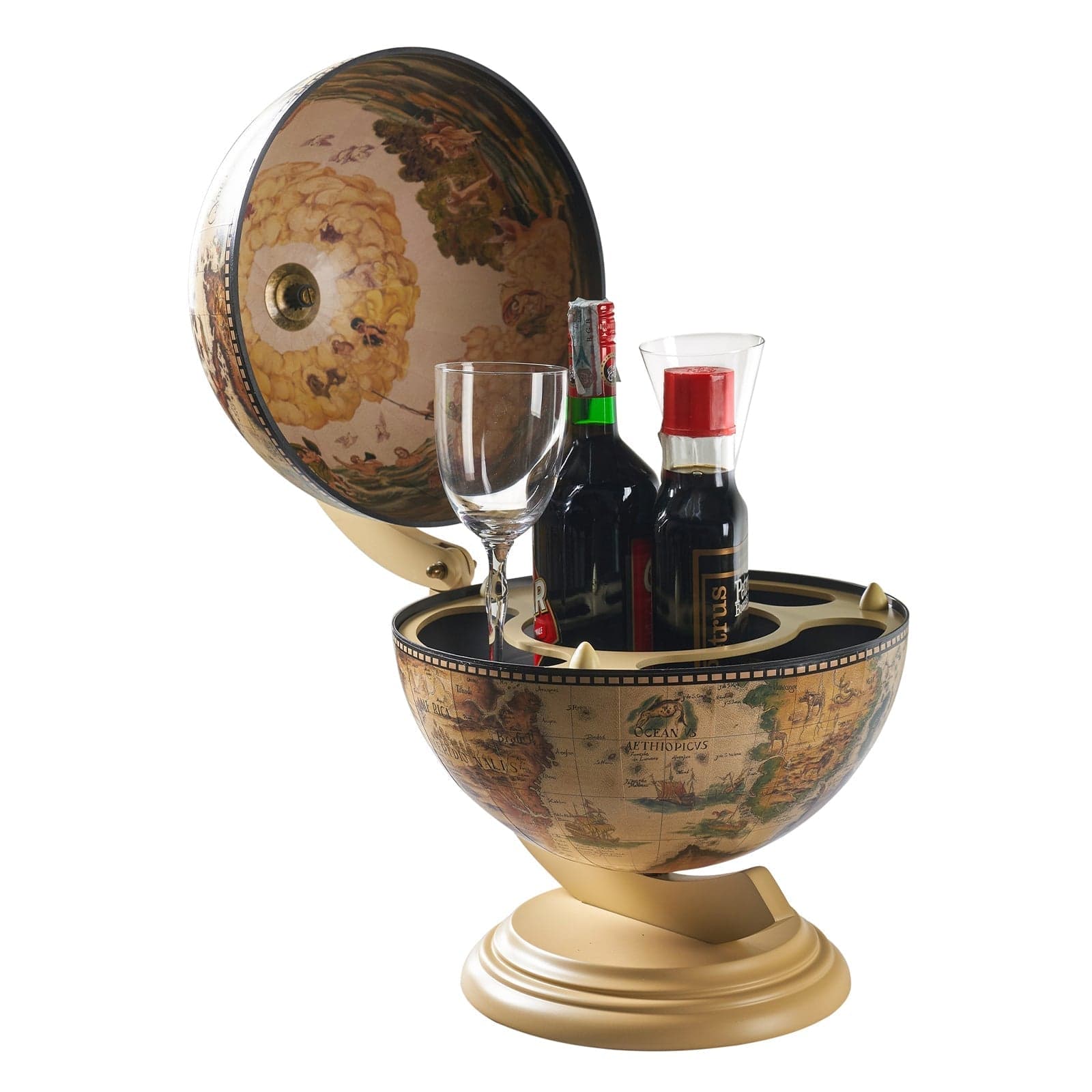 Mappamondo portabottiglie minibar con piedistallo in legno decorazione moderna h 48 cm in Porta bottiglie da vino Decor Space - Altamura, commercioVirtuoso.it