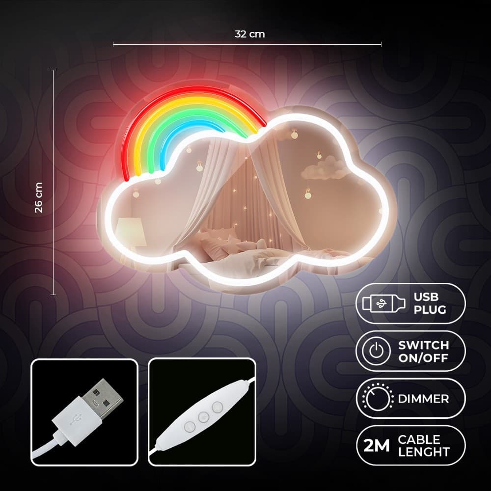 led wall neon nuvola a specchio multicolor connettore usb con regolatore di intensita' dimensioni 222 x 18 x 420 - 3
