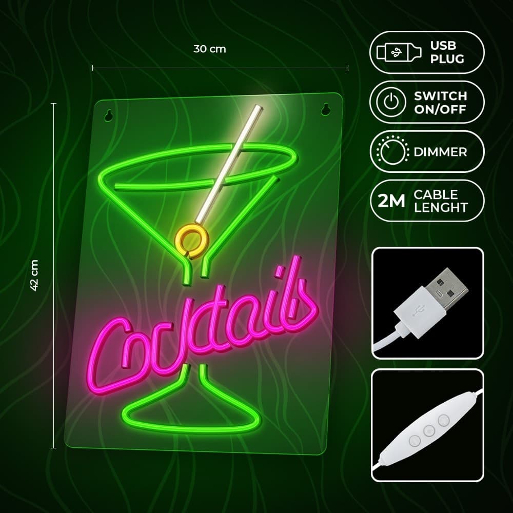 led wall neon coctails multicolor connettore usb con regolatore di intensita' dimensioni 222 x 18 x 420 - 5