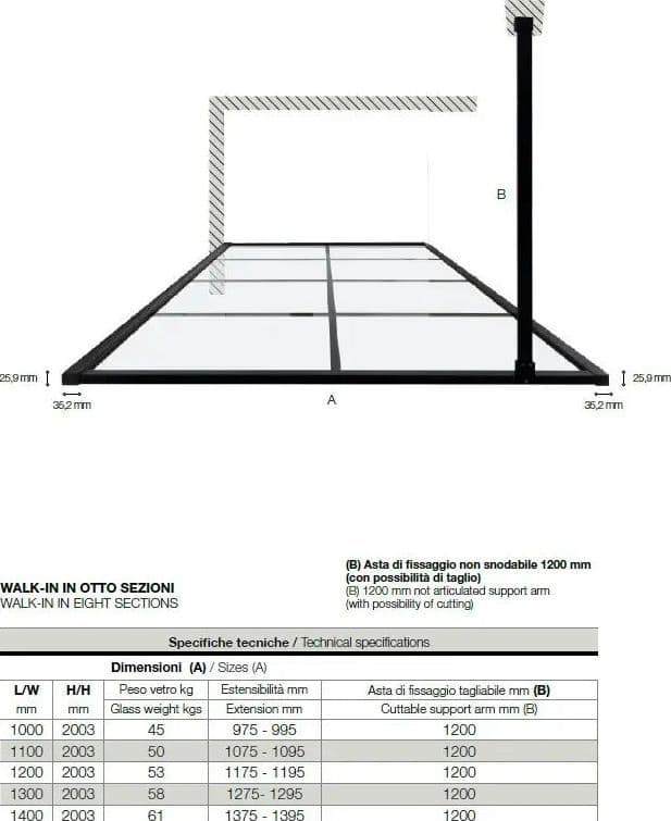 Parete Walk In H200 Anticalcare 8mm Trasparente Con Telaio A Finestra - 5