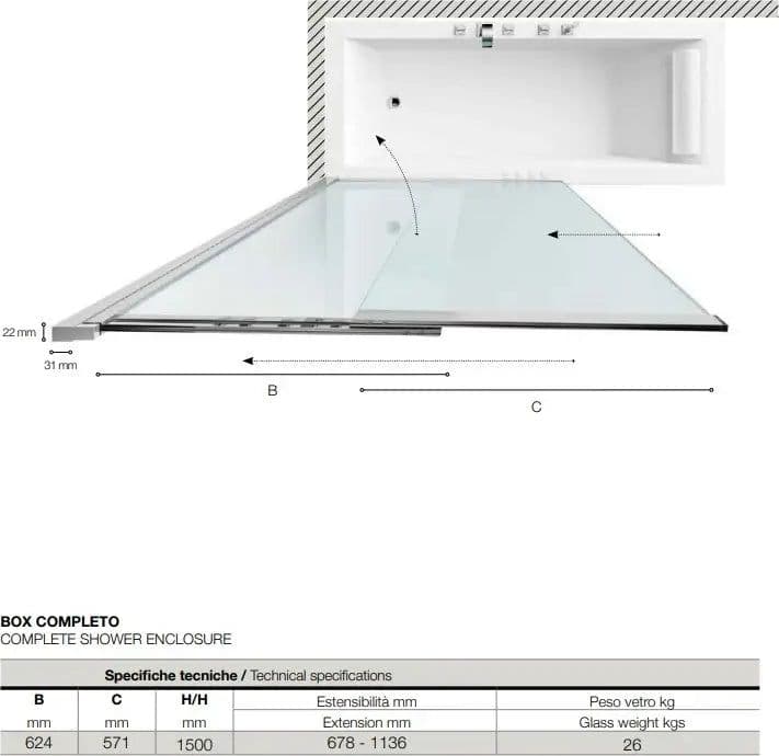 Parete Sopra Vasca 110cm Scorrevole Cristallo 5mm Anticalcare - 4