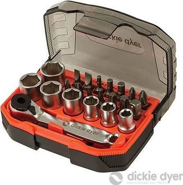 Set di punte e bussole 1/4" 23 pezzi più Chiave a Cricchetto e custodia dickie dyer