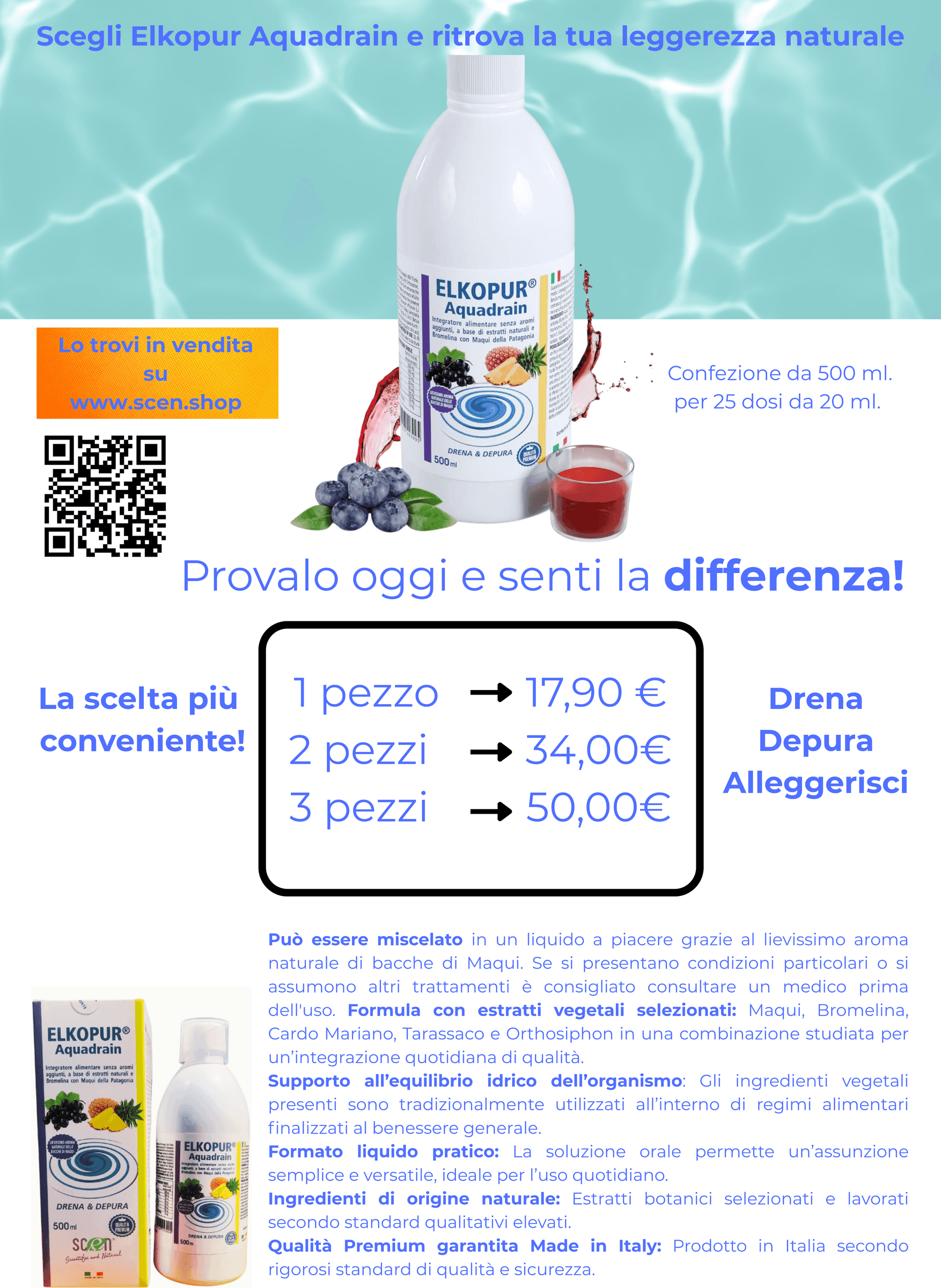 Elkopur® Aquadrain, è un prodotto depurativo, ad azione drenante che aiuta ad eliminare i liquidi in eccesso, migliorare il microcircolo venoso, ridurre gonfiore e senso di pesantezza - 20