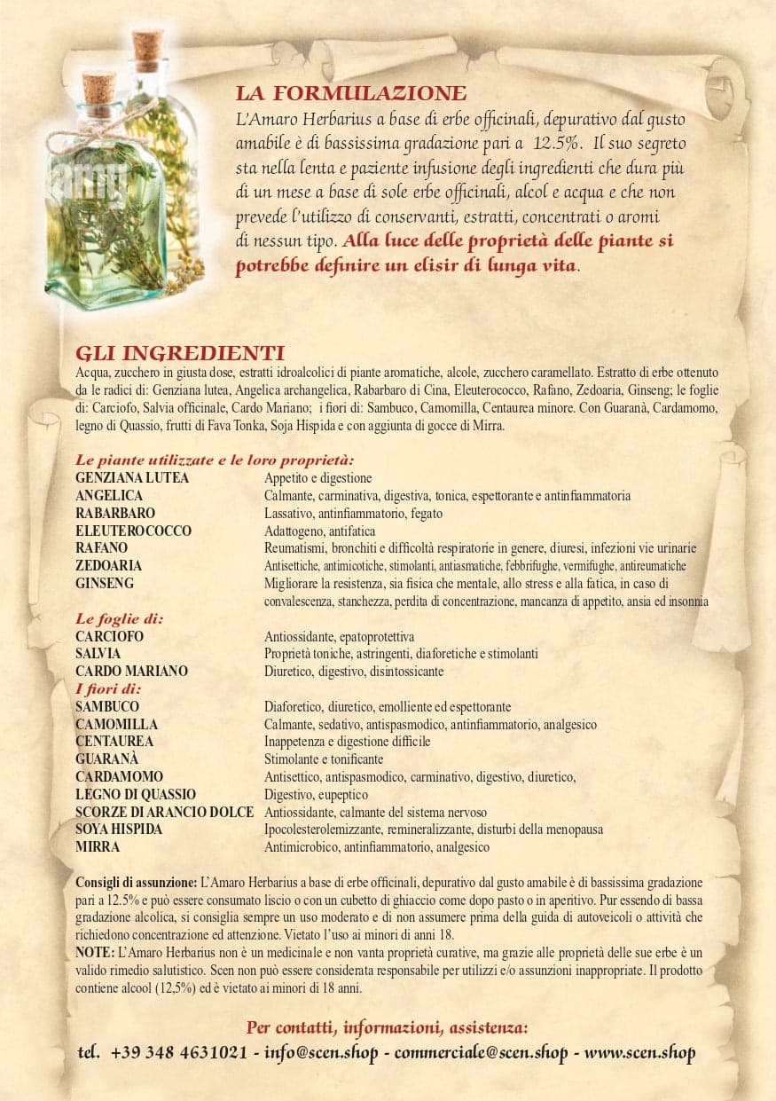 Amaro Herbarius - Elisir di Erbe - antica ricetta dei monaci a base di sole erbe officinali - 700 ml in Amari Scen Scientific and Natural - Poggibonsi, commercioVirtuoso.it