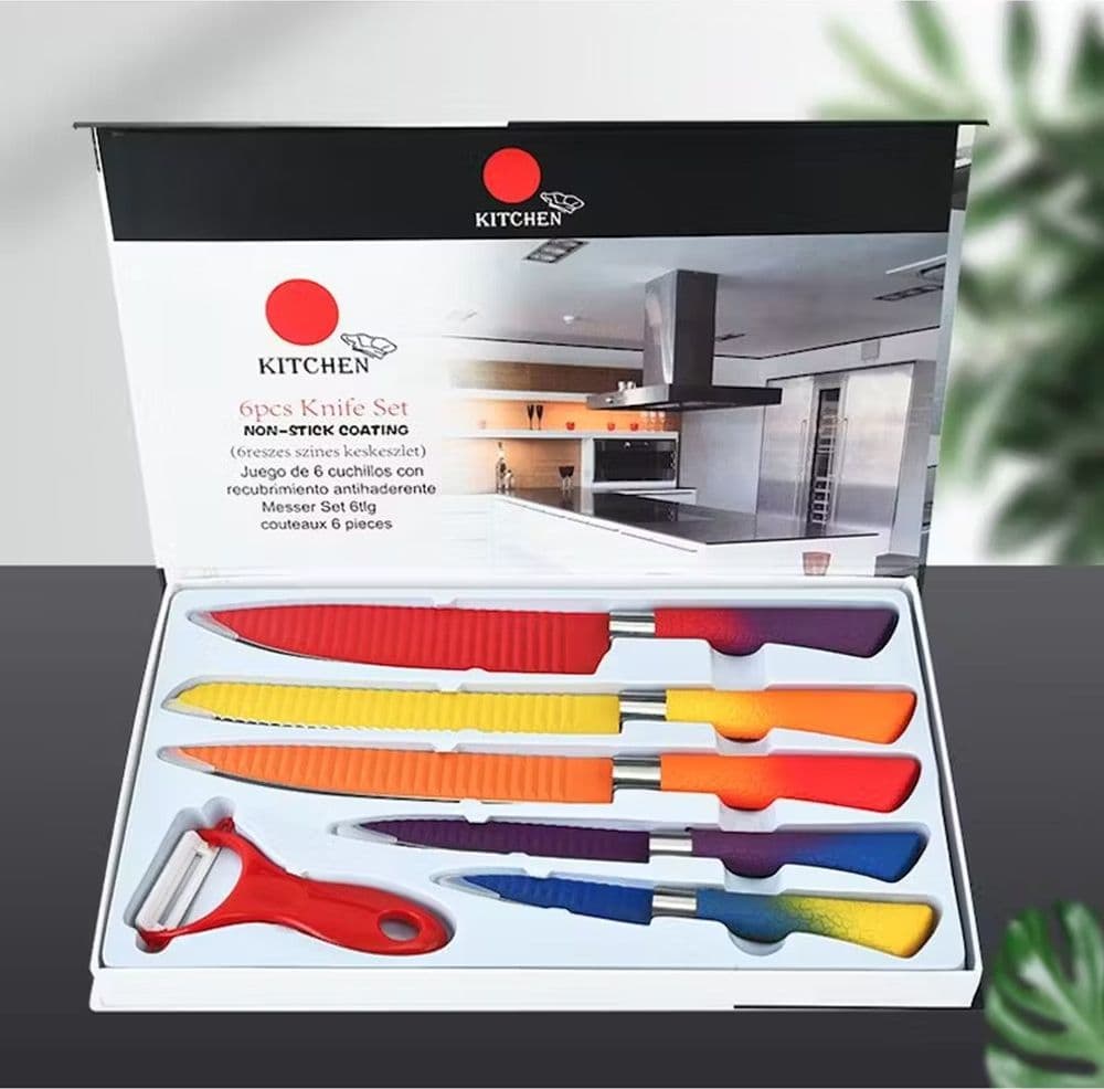 SET DI COLTELLI DA 6PZ COLORATI CON LAMA IN RILIEVO MANIGLIA ANTISCIVOLO UTENSILI CUCINA - 3