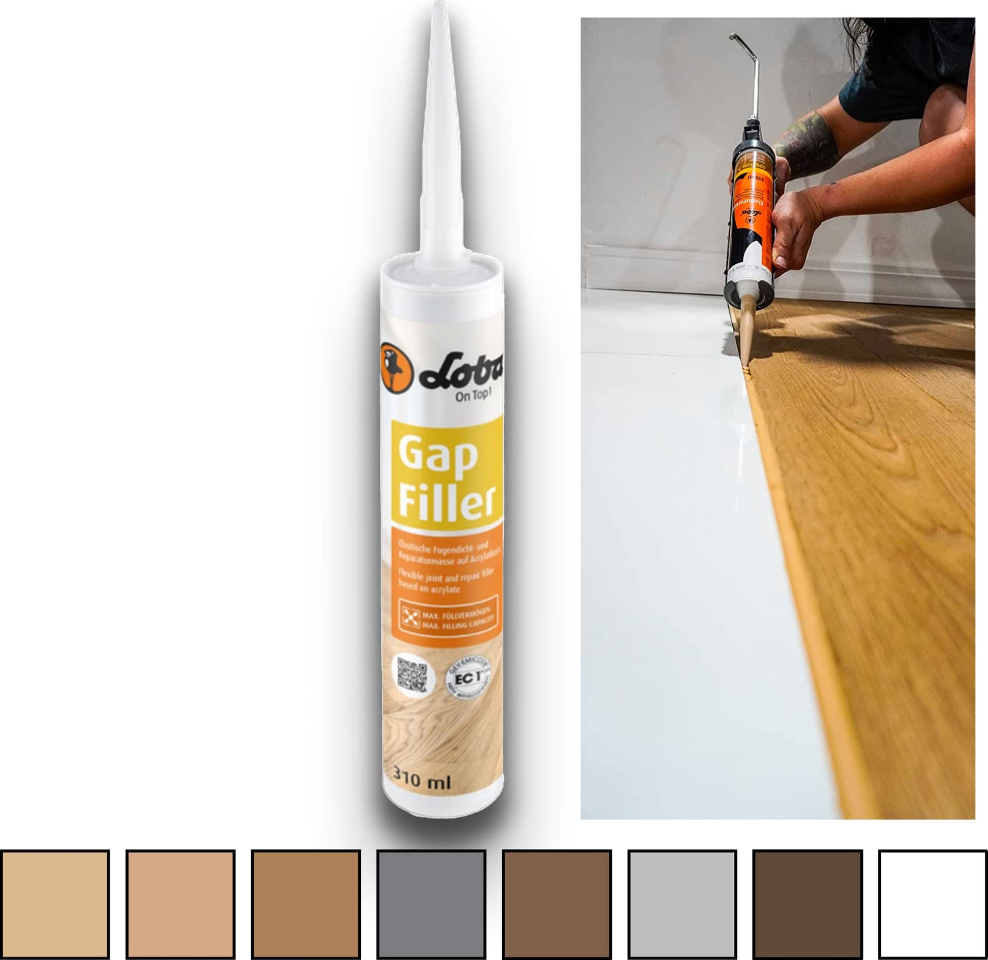 4 prodotti in uno - GAPFILLER Loba Stucco per pavimenti e Zoccolini e Colla per parquet e battiscopa, 1x310ml - Eternal Parquet