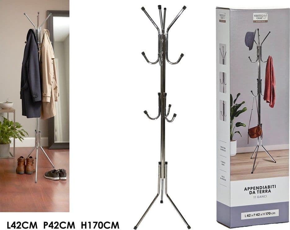 APPENDIABITI DA TERRA 170 CM ATTACCAPANNI 11 GANCI CROMATO PIANTANA APPENDI ABITI - 7