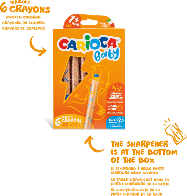 Carioca Baby - Scatola 6 pastelloni BABY 1+ 3in1, matita, cera e acquerello in un unico pastello - 3