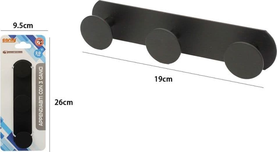 APPENDINO CON 3 GANCI APPENDI PORTA ASCIUGAMANO A 3 POSTI BAGNO CASA NERO 59767 - 2