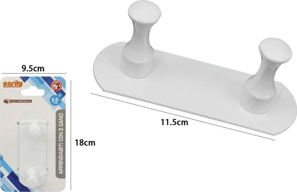 APPENDIABITI CON 2 GANCI BIANCO PER ACCAPPATOIO BAGNO CUCINA CASA DA PARETE 59756 - 2
