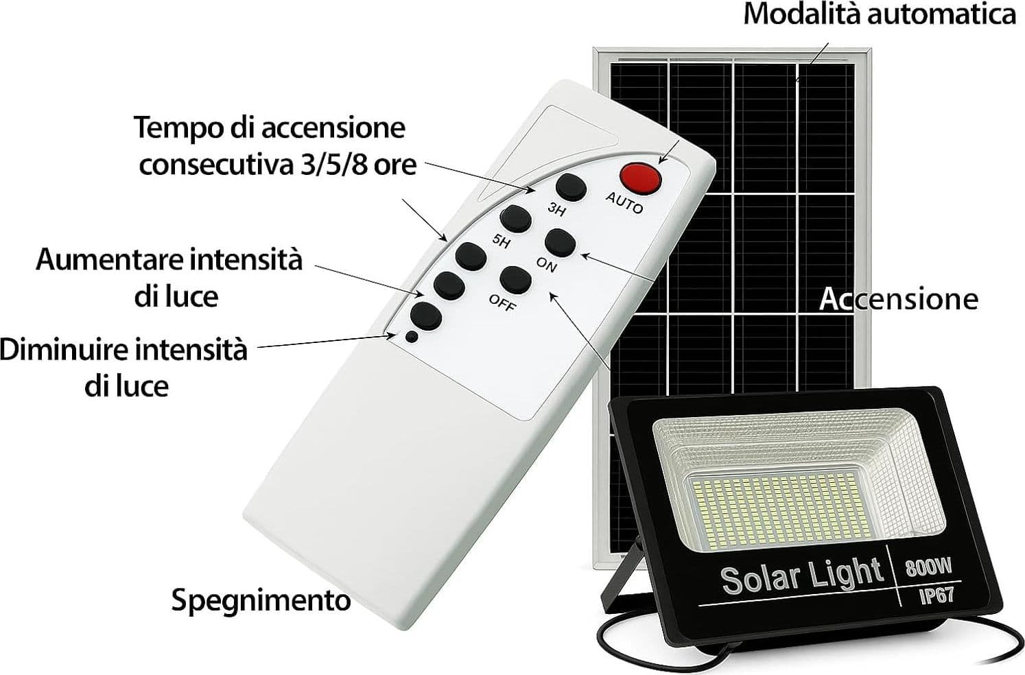 Faretto solare 800W impermeabile con pannello fotovoltaico e telecomando - 6