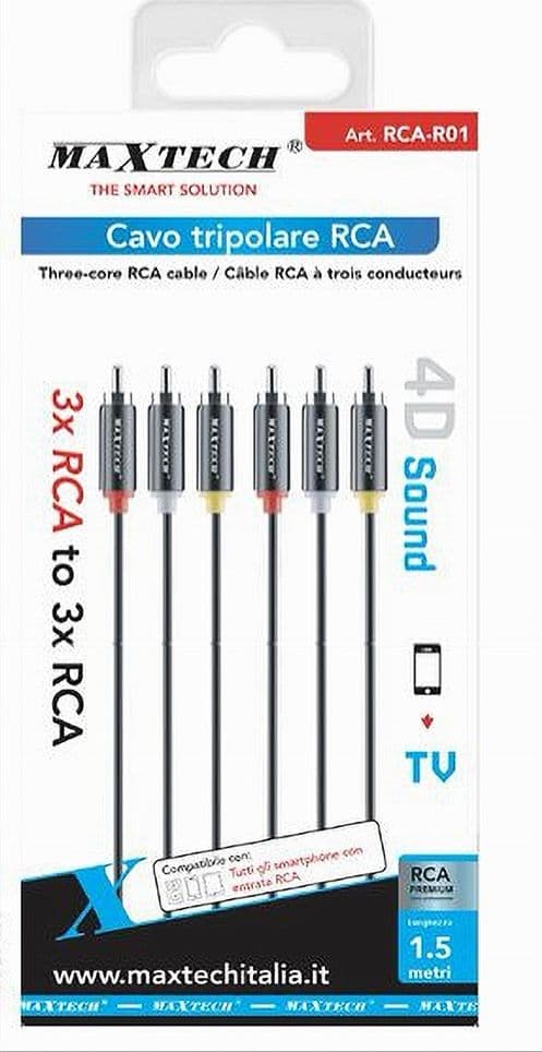 CAVO TRIPOLARE RCA AUDIO VIDEO TV 3 X RCA MASCHIO/MASCHIO 1,5MT 4D SOUND RCA-R01 - 2