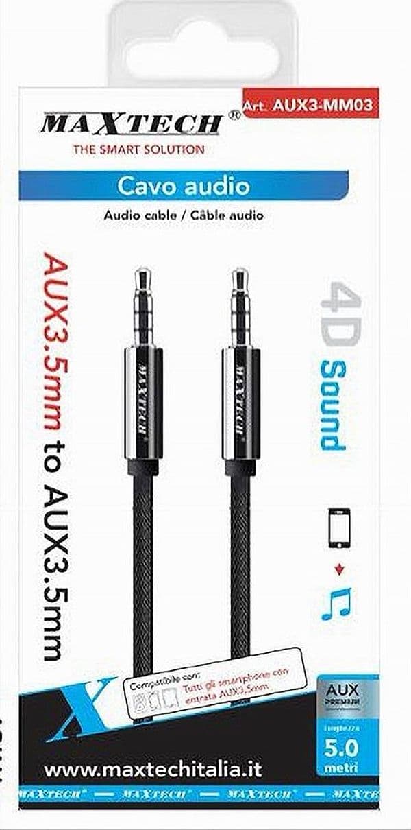 CAVO AUDIO AUX 3.5 MM MASCHIO/MASCHIO 3 CONTATTI PROLUNGA 5MT 4D SOUND AUX3-MM03 - 3
