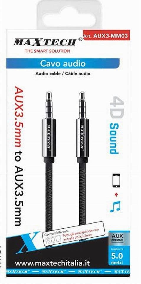 CAVO AUDIO AUX 3.5 MM MASCHIO/MASCHIO 3 CONTATTI PROLUNGA 5MT 4D SOUND AUX3-MM03 - 3