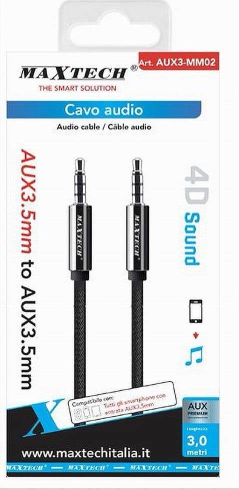 CAVO AUDIO AUX 3.5MM MASCHIO/MASCHIO 3 CONTATTI PROLUNGA 3 MT 4D SOUND AUX3-MM02 - 3