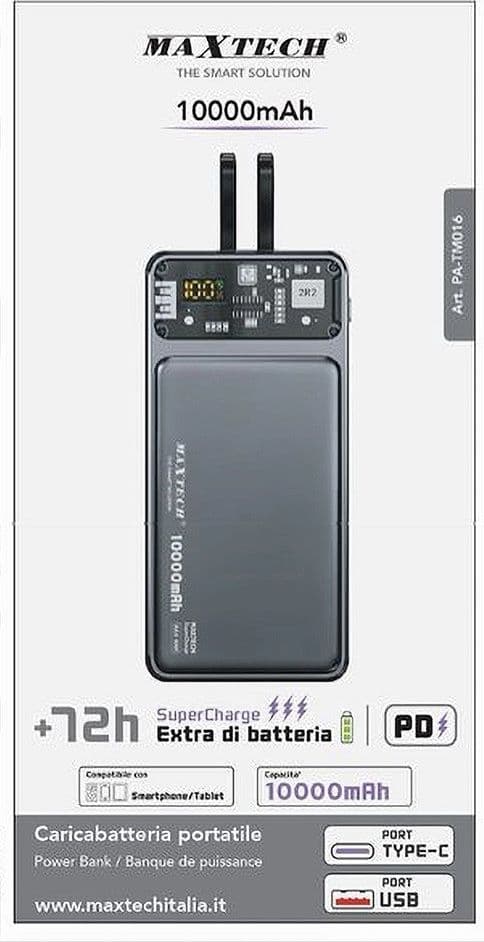 POWER BANK CARICABATTERIA PORTATILE 10000 MAH SUPERCHARGE PD TYPE-C USB PA-TM016 - 2