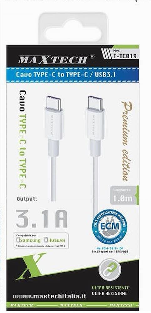 CAVO TYPE-C A TYPE-C 1 MT 3.1A ULTRA RESISTENTE RICARICA SAMSUNG HUAWEI F-TC019 - 2