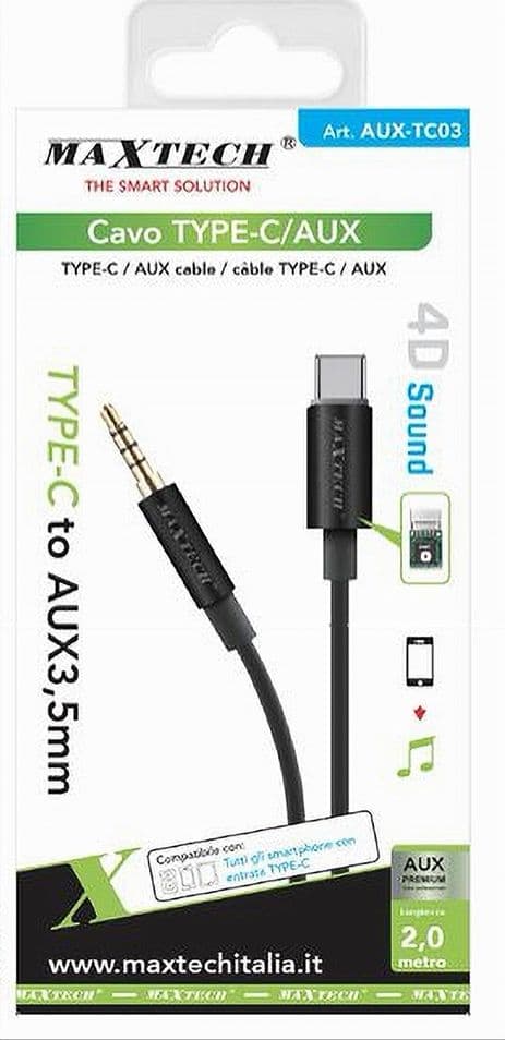 CAVO AUDIO TYPE-C/JACK AUX3,5MM 2MT 4D SOUND DAC CHIP CUFFIE SMARTPHONE AUX-TC03 - 2
