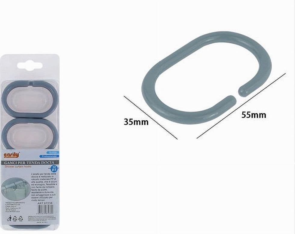 SET 12PZ ANELLI GANCIO PER TENDA DA DOCCIA BOX BAGNO IN PLASTICA PP GRIGIO 87238 - 4