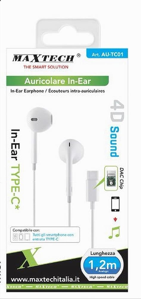 AURICOLARE IN-EAR CUFFIE 1.2MT CONNETTORE TYPE-C DAC CHIP PER SMARTPHONE AU-TC01 - 4