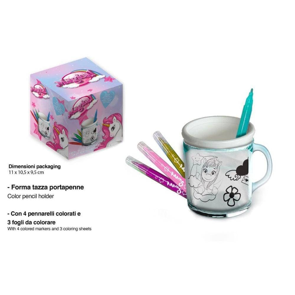 TAZZA PORTAPENNE DA COLORARE TEMA UNICORNO BICCHIERE PORTA COLORI PENNARELLI