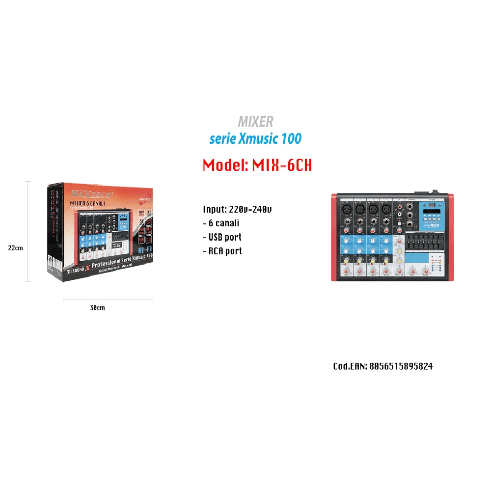 MIXER AUDIO 6CH EQUALIZZATORE 4 MIC XLR PHANTOM +48V USB MP3 DISPLAY MAXTECH MIX-6CH - 2