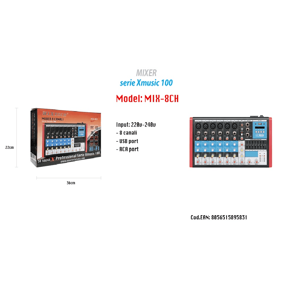 MIXER AUDIO 8 CANALI EQUALIZZATORE 4MIC XLR PHANTOM +48V USB MP3 DISPLAY MAXTECH MIX-8CH - 2