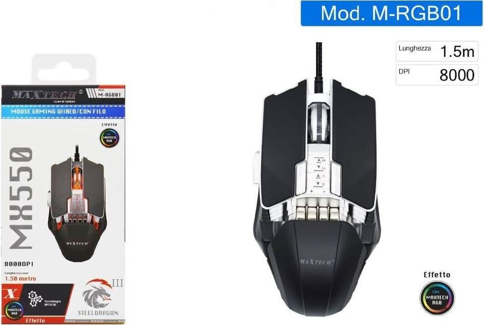 MOUSE GAMING CON CAVO LUCI RGB PULSANTI 8000 DPI PER LAPTOP PC NOTEBOOK M-RGB01 - 2