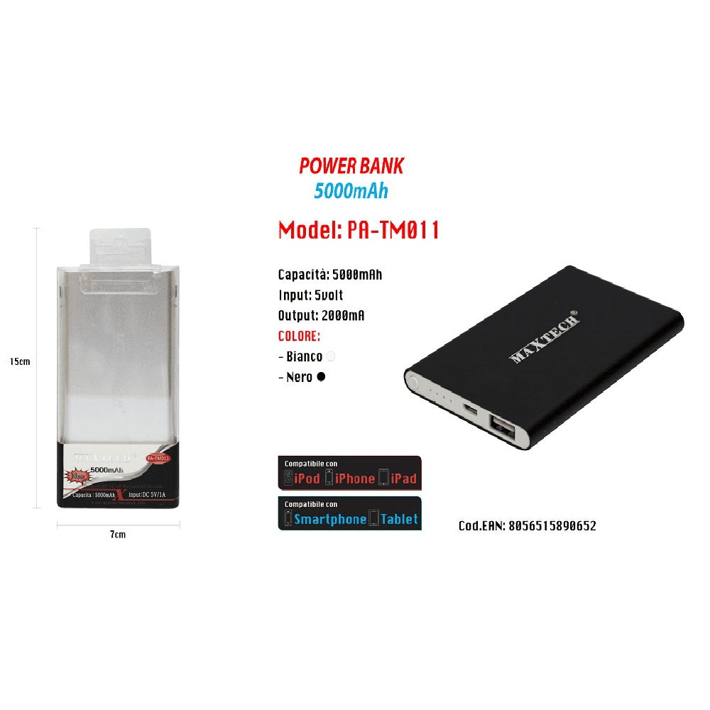 POWER BANK CARICABATTERIE PORTATILE USB 5000MAH PER SMARTPHONE BATTERIA ESTERNA MAXTECH PA-TM011 - 2
