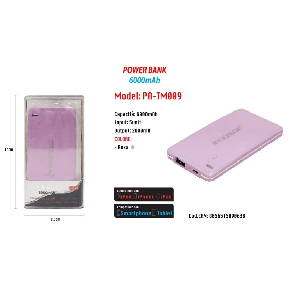 POWER BANK 6000MAH BATTERIA PORTATILE CARICATORE SMARTPHONE 5VOLT PA-TM009 MAXTECH - 2