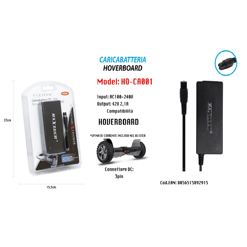 CARICABATTERIA ALIMENTATORE HOVERBOARD BATTERIA DI RICAMBIO 42V 2,1A MAXTECH HO-CA001 - 2