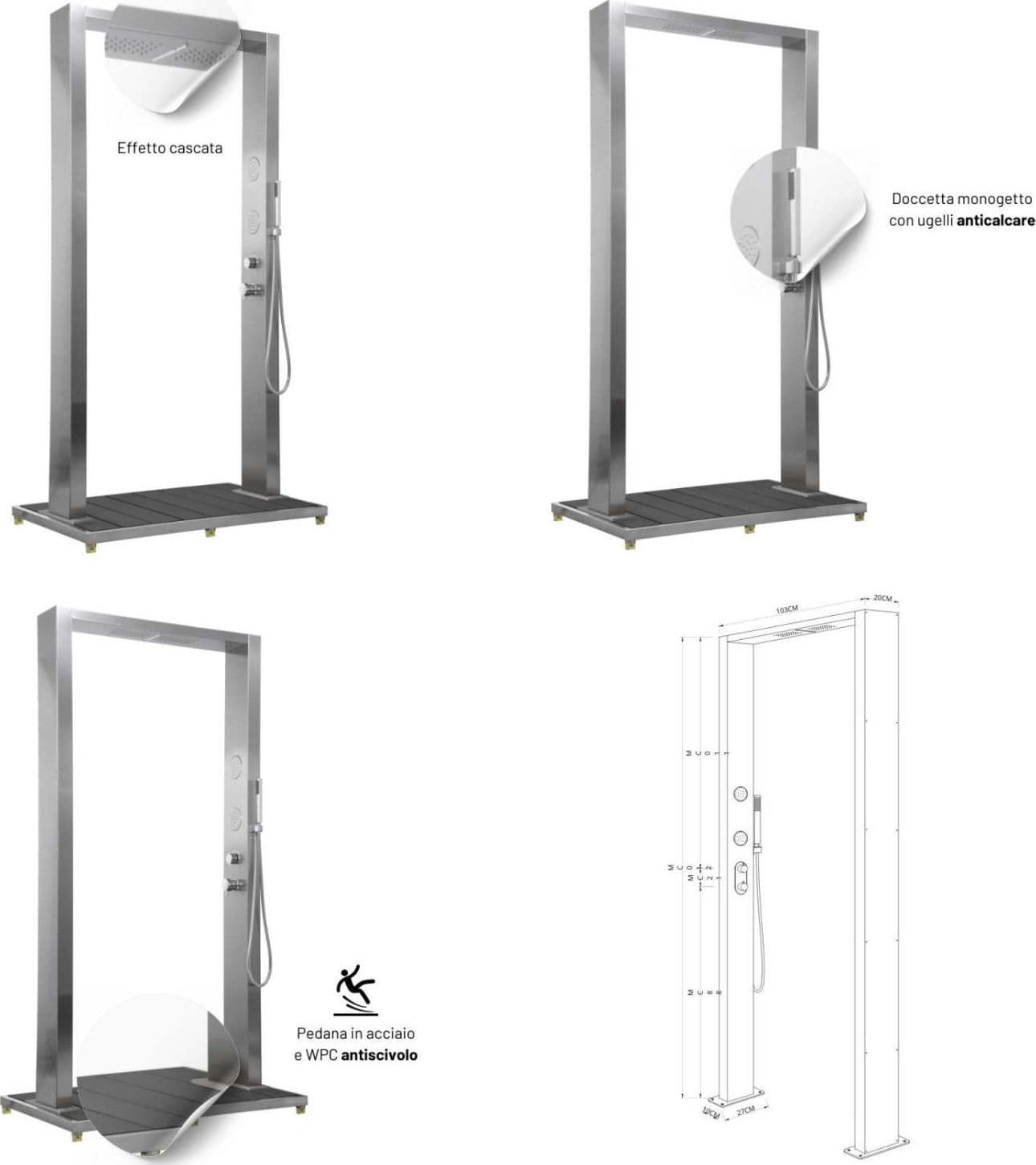 Colonna Doccia da Esterno Doppia Bamboo Acciaio Inox Getti Idro Pedana WPC - 12