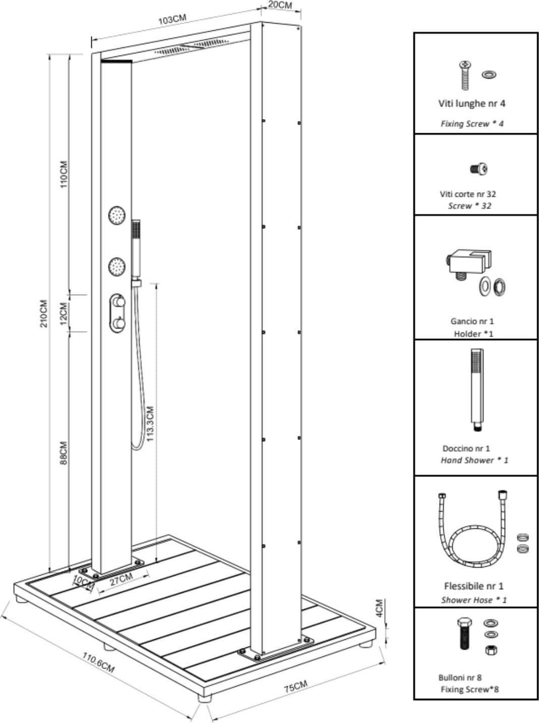 Colonna Doccia da Esterno Doppia Bamboo Acciaio Inox Getti Idro Pedana WPC - 13