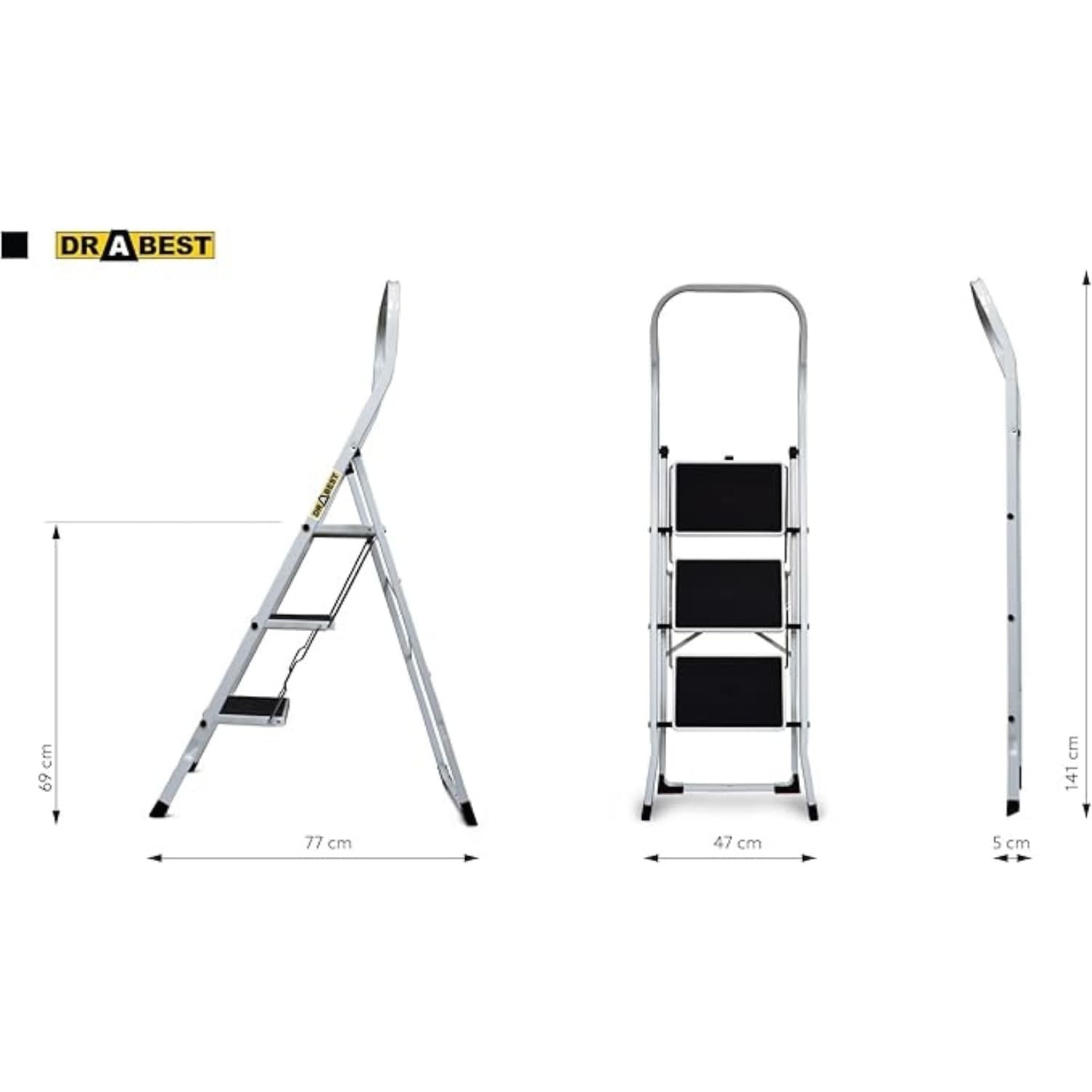 Drabest Premium Scaletta In Acciaio Per Casa E Ufficio – Portata Scala Domestica 150 Kg – 3 Gradini - 2