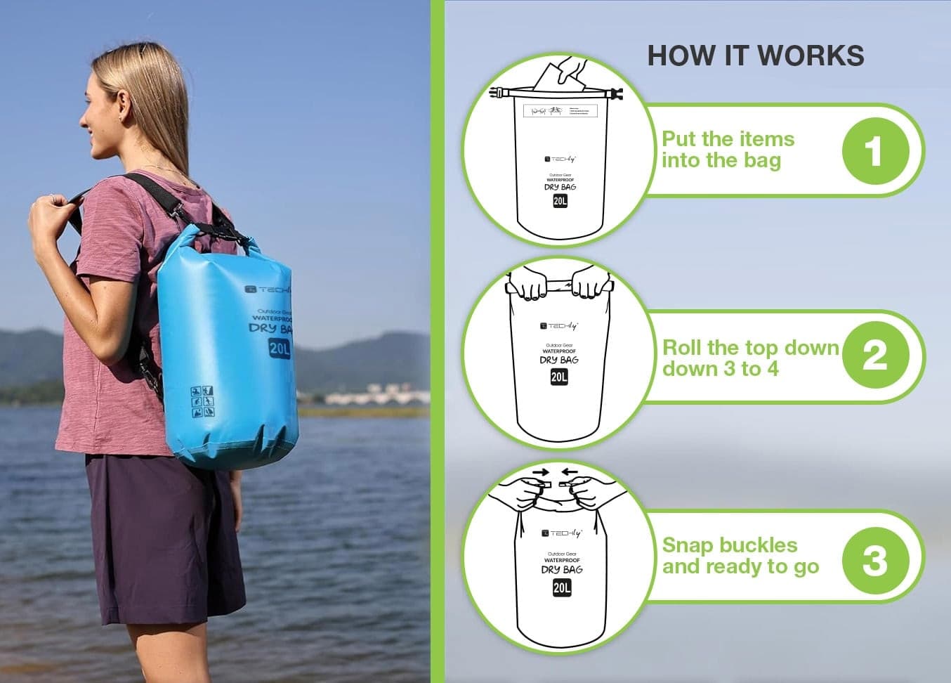 Sacca Impermeabile 20L Dry Bag con Tracolla Regolabile Azzurro - 13