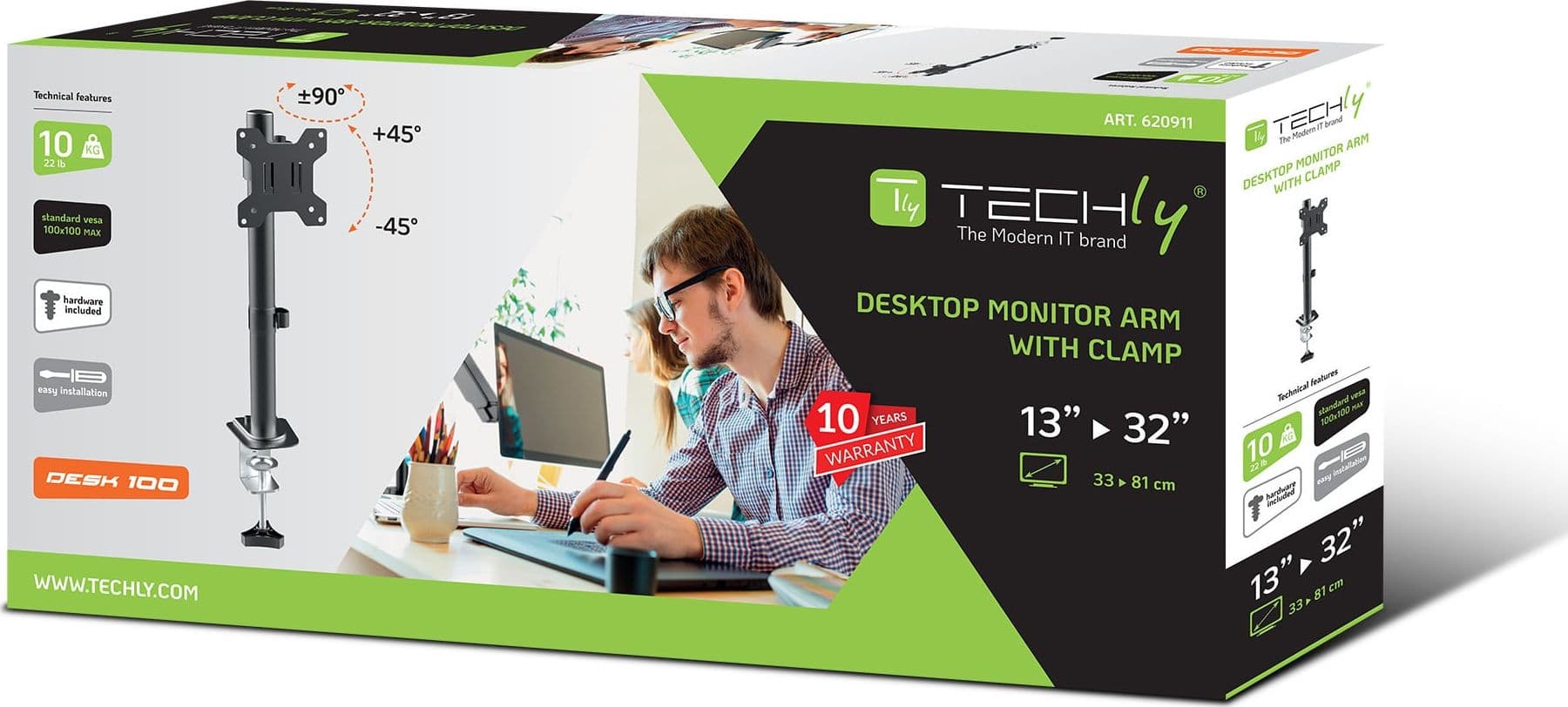 Supporto da Scrivania con Morsetto per Monitor 13-32'' Braccio Corto Inclinabile - 15