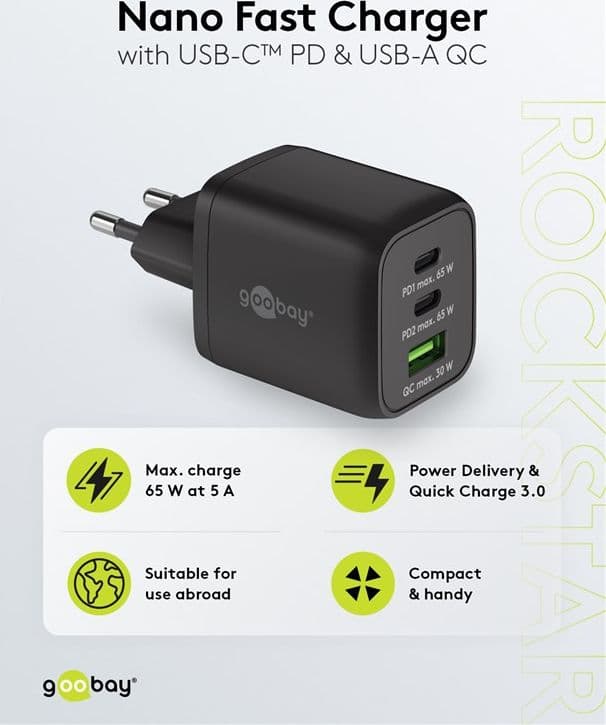 Nano Caricatore Alimentatore GaN 2xUSB-C&trade (PD) + USB-A (QC) da Muro 65W Nero - 7