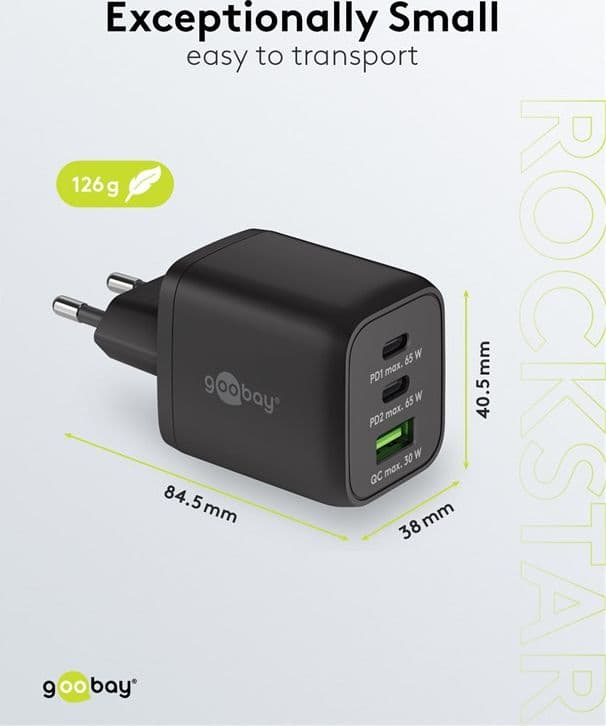 Nano Caricatore Alimentatore GaN 2xUSB-C&trade (PD) + USB-A (QC) da Muro 65W Nero - 8