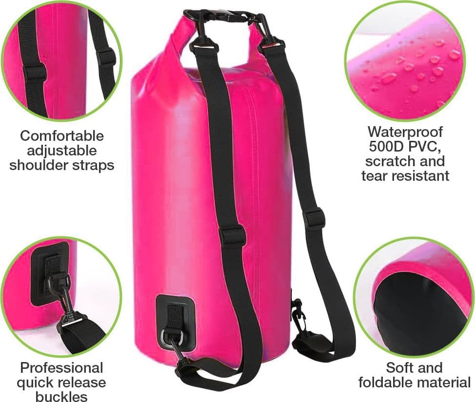 Sacca Impermeabile 20L Dry Bag con Tracolla Regolabile Fucsia - 15