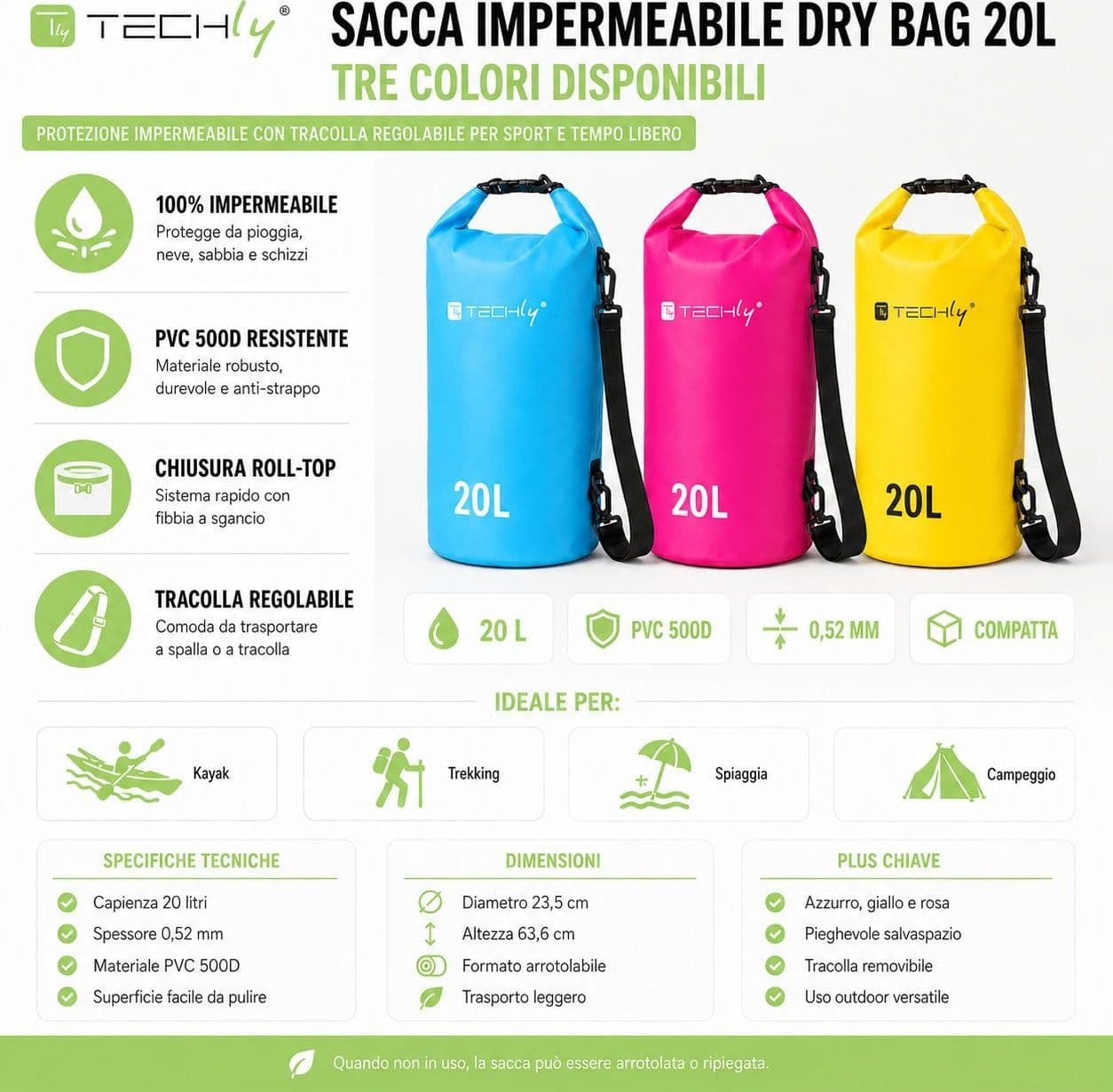 Sacca Impermeabile 20L Dry Bag con Tracolla Regolabile Fucsia - 16