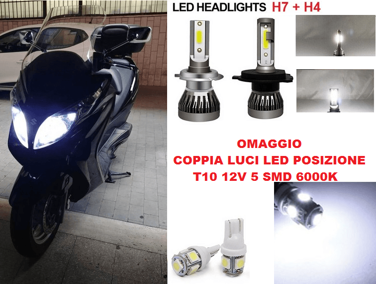 Coppia Luci Kit LED Per Moto Scooter Burgman Suzuki 2 Lampade H7+H4 SMD SUPER SLIM Omaggio Regalo Luci Posizione T10 Bianco 6000K - 4